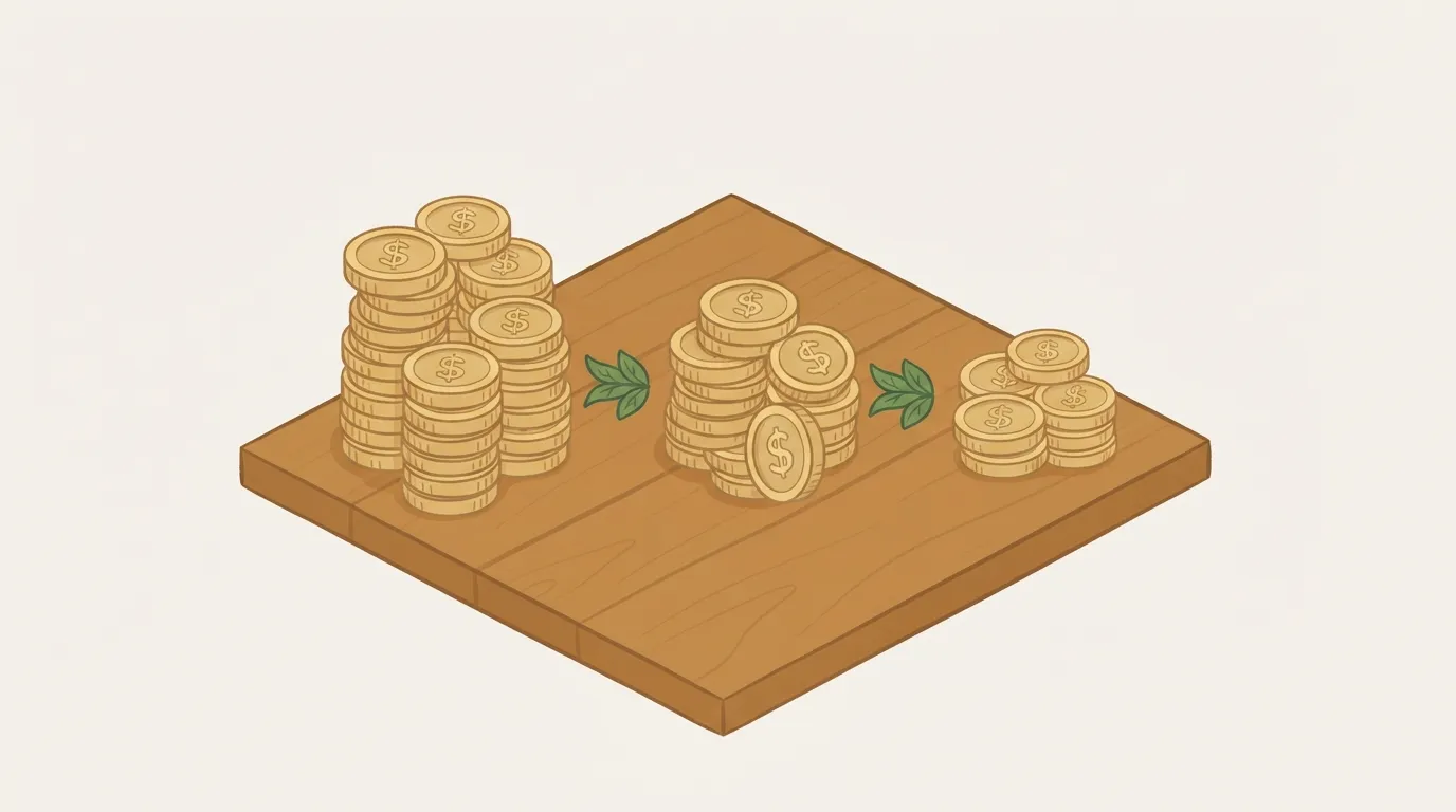 Ilustração isométrica de três pilhas de moedas decrescentes representando o funil de receita de aluguel por temporada, da receita bruta até a receita líquida