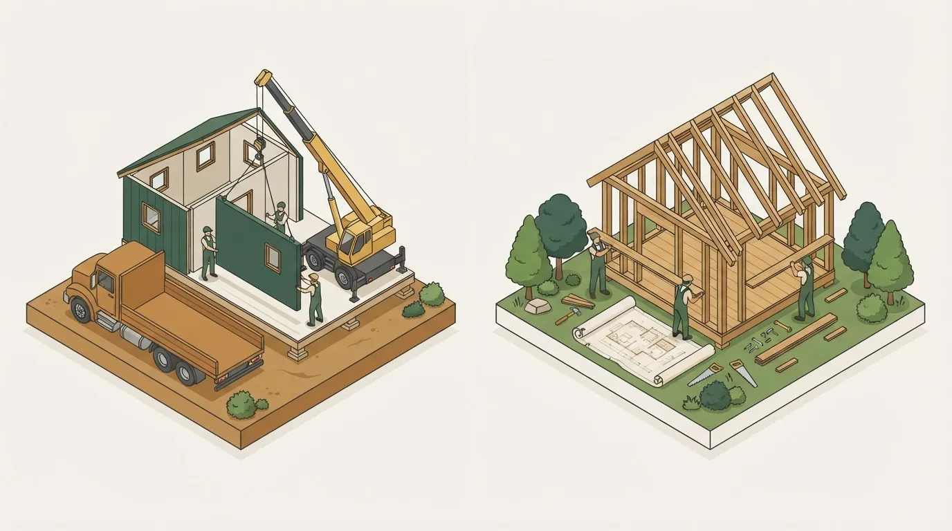 Comparação isométrica entre a montagem de módulos pré-fabricados chegando de caminhão e uma equipe de obra erguendo a estrutura de um projeto sob medida a partir da planta