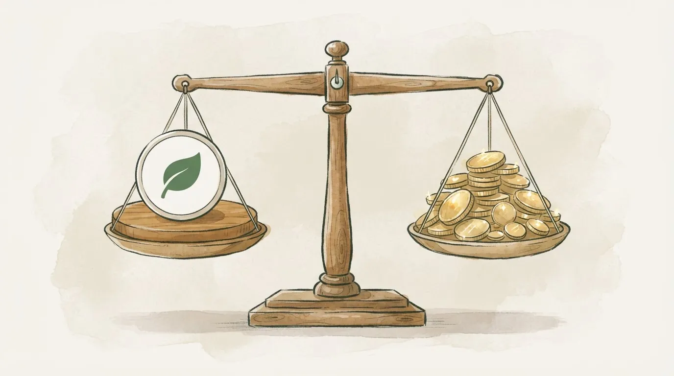 Ilustração de uma balança equilibrando uma prancha de madeira certificada de um lado e moedas do outro, representando o acréscimo de preço da madeira certificada