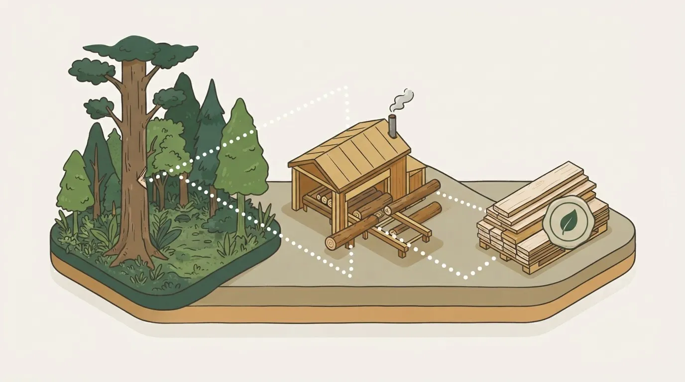 Ilustração isométrica de uma cadeia de rastreabilidade conectando uma árvore marcada na floresta, uma serraria e uma pilha de tábuas certificadas