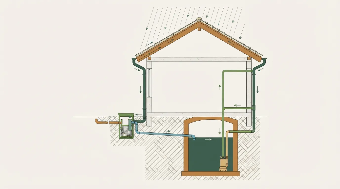 Corte técnico de sistema de captação e filtragem de água de chuva para cabana off-grid