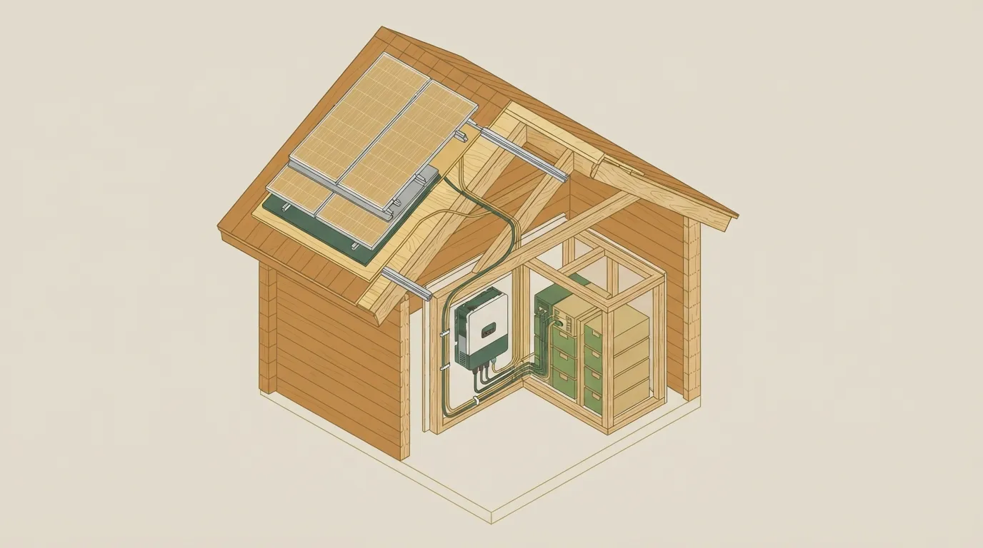 Corte técnico de instalação solar off-grid numa cabana de madeira, mostrando painéis no telhado, inversor e banco de baterias
