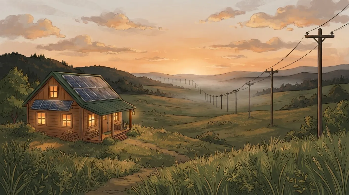 Cabana de madeira com painéis solares em primeiro plano e postes de energia elétrica distantes no horizonte