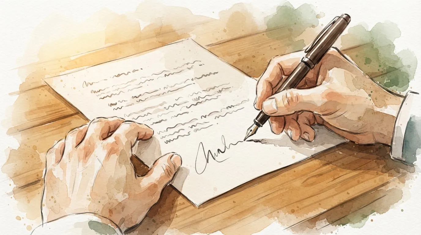 Mãos assinando um documento de financiamento sobre uma mesa de madeira, close nas mãos e no papel