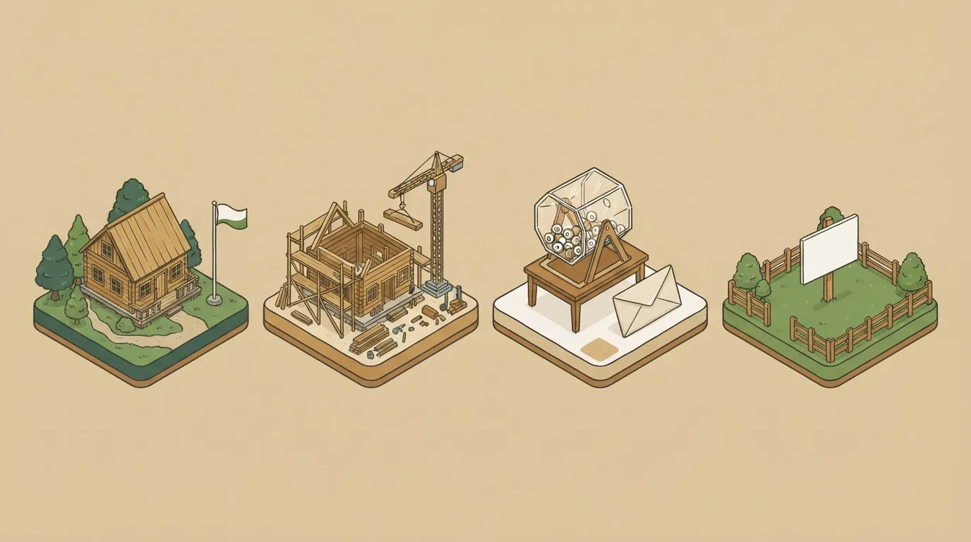 Ilustração isométrica de quatro blocos representando os caminhos de financiamento de cabana: imóvel pronto, construção por etapas, consórcio e terreno separado