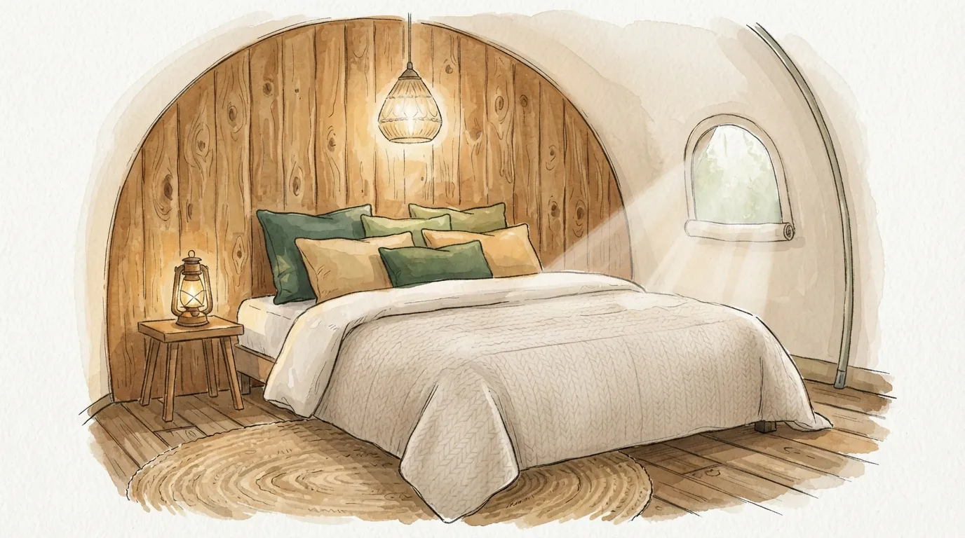 Interior aconchegante de uma tenda de glamping com cama, luz quente e texturas de tecido e madeira
