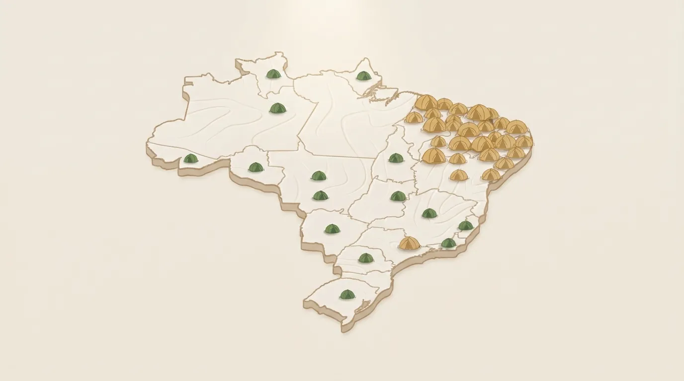 Mapa estilizado do Brasil com ícones de tenda de glamping concentrados na região Nordeste