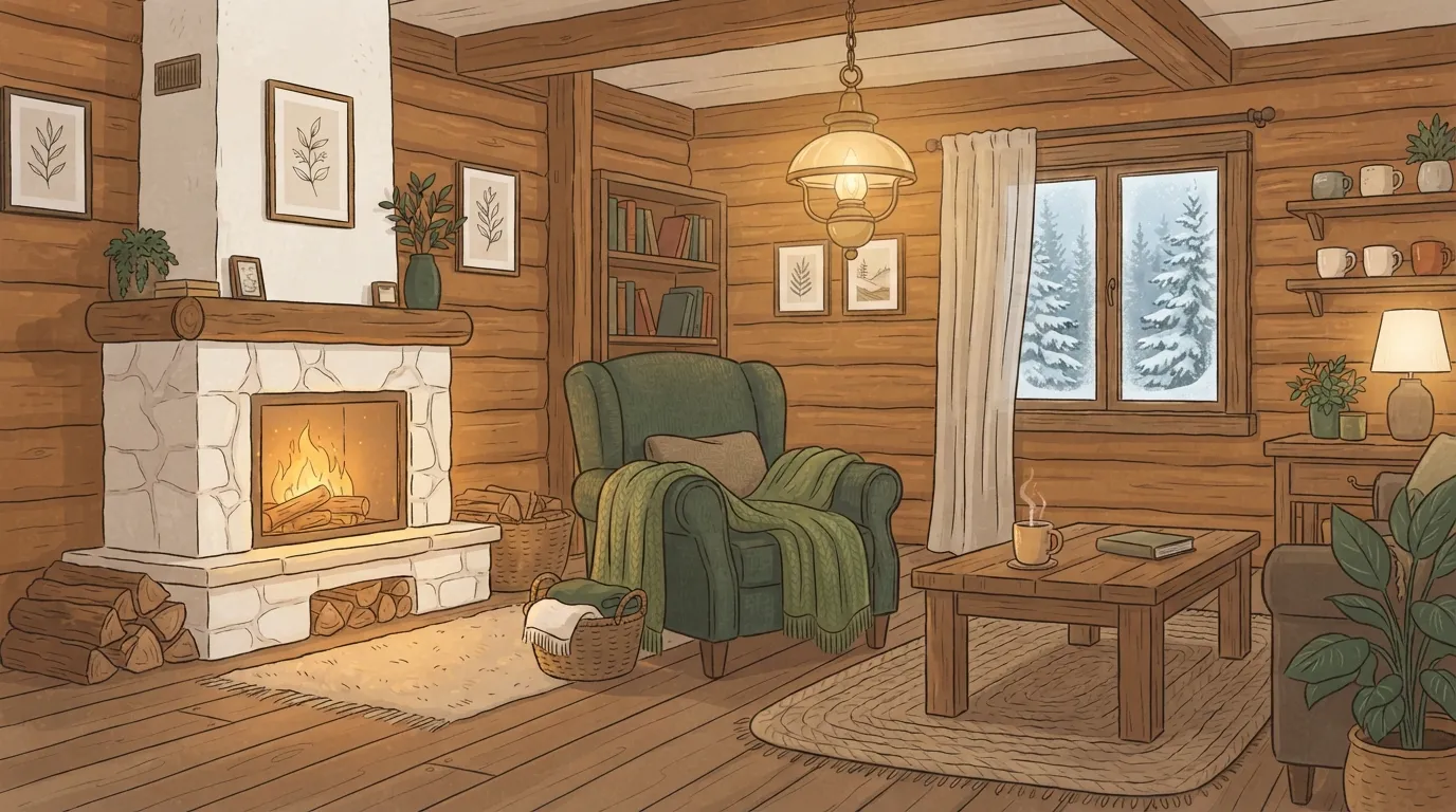 Interior aconchegante de uma cabana de madeira em dia frio, com luz quente e sensação de conforto térmico