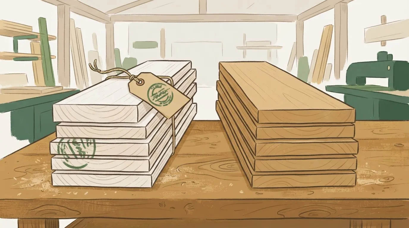 Ilustração de duas pilhas de madeira serrada lado a lado, uma com etiqueta de rastreabilidade e outra sem nenhuma documentação