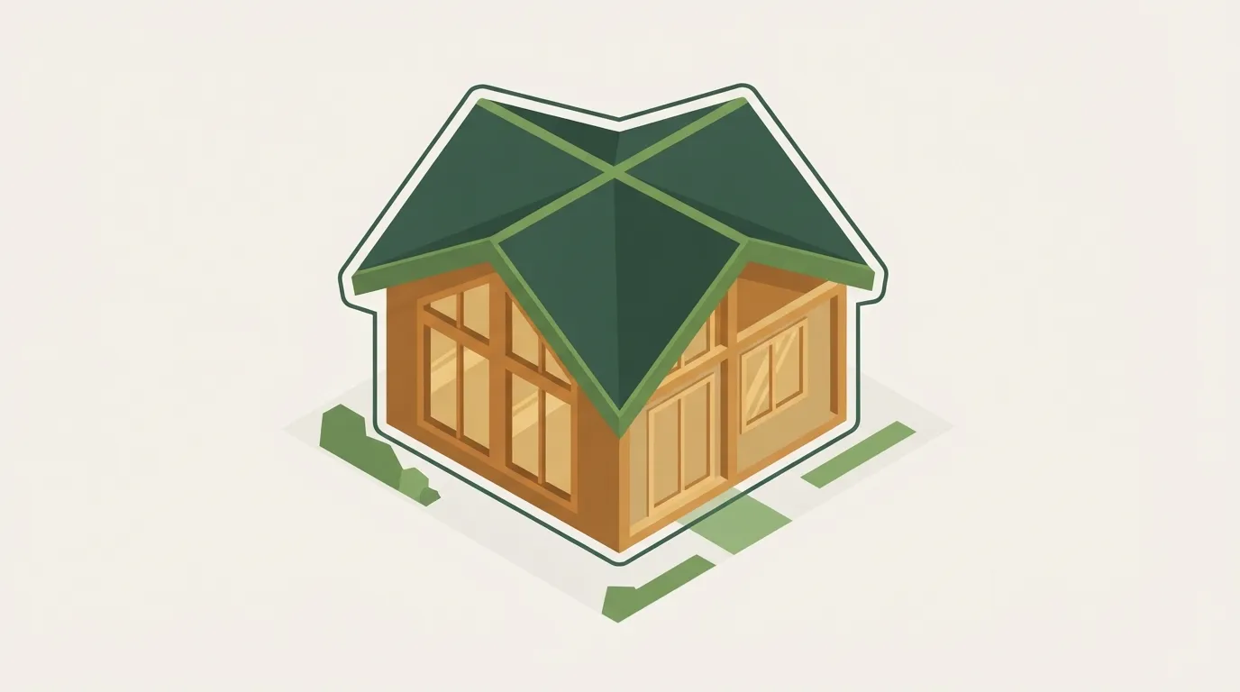Ilustração isométrica de uma casa com o envelope estanque contínuo destacado ao redor de toda a construção