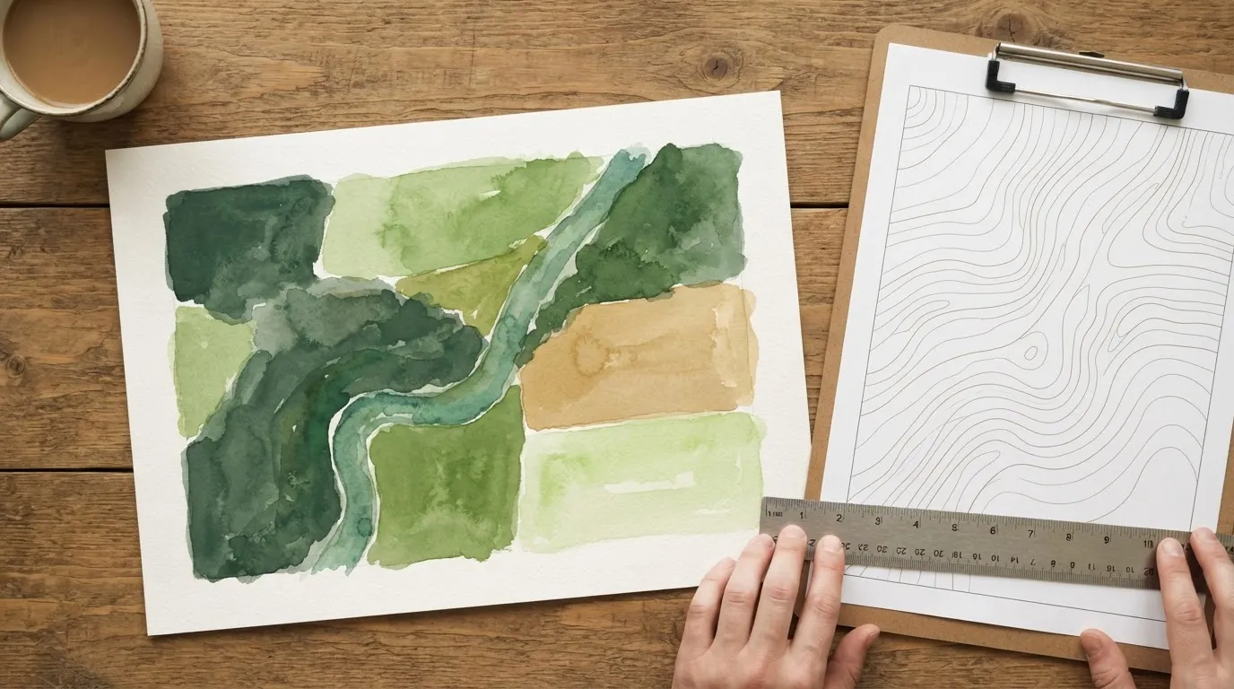Ilustração em aquarela de terreno rural sobre mesa de madeira, com blocos de mata nativa ao redor de um rio e prancheta de projeto ao lado
