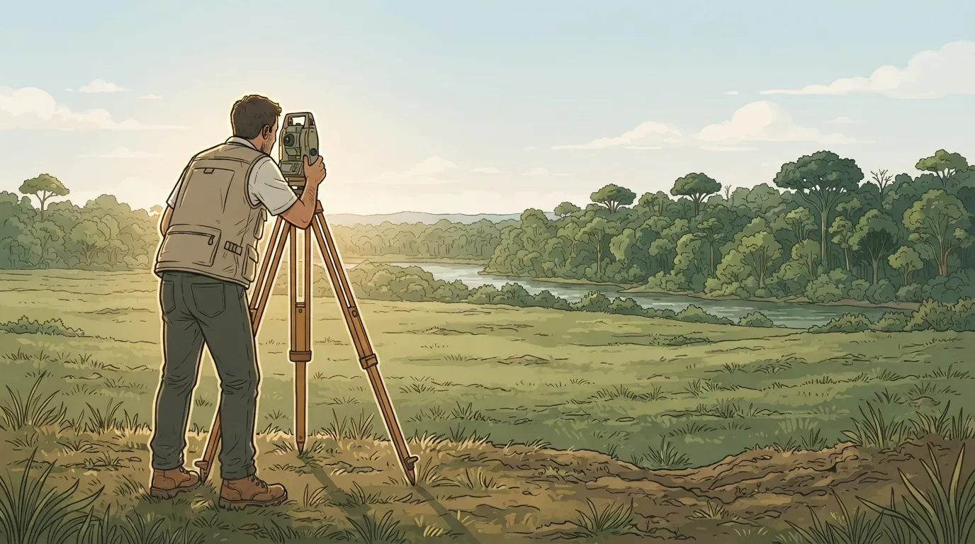 Profissional de topografia medindo a distância entre o terreno aberto e a mata ciliar às margens de um rio