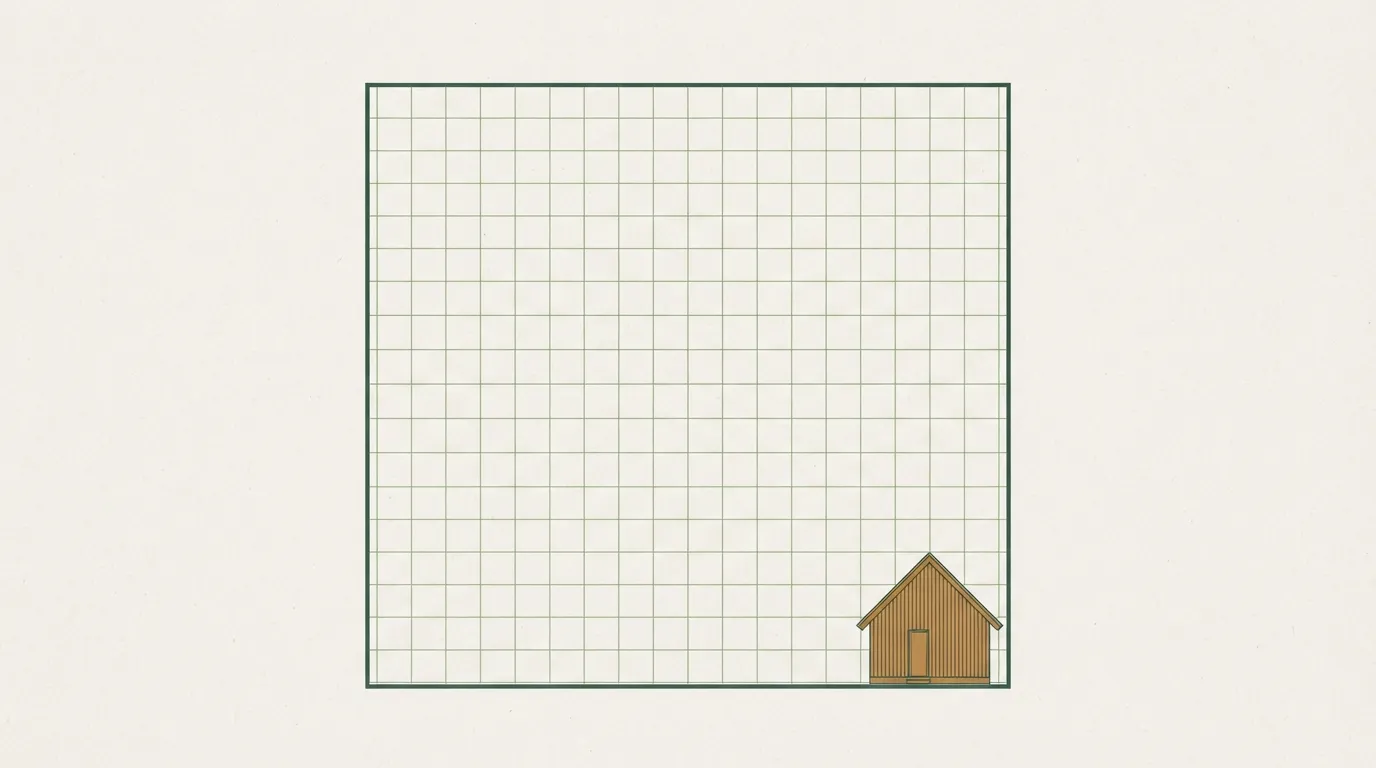 Diagrama técnico de um hectare representado como um quadrado de 100 por 100 metros, com uma pequena cabana desenhada num dos cantos para noção de escala