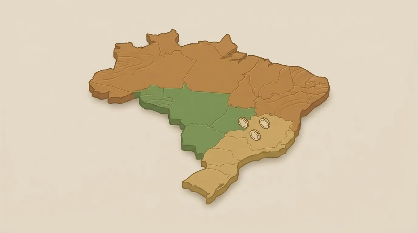 Mapa isométrico estilizado do Brasil destacando em tom dourado escuro as regiões com hectare mais caro e em tom verde mais claro as regiões de fronteira agrícola em expansão