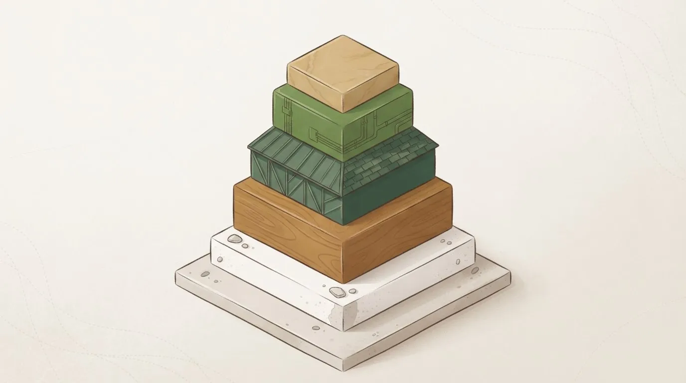 Ilustração isométrica de blocos empilhados representando a divisão do orçamento de uma cabana por etapa: fundação, estrutura, fechamento, instalações e acabamento