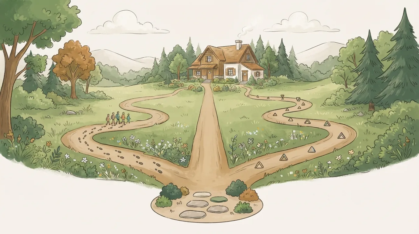 Ilustração de três caminhos que se separam de um mesmo ponto de partida, representando compra à vista, consórcio e multipropriedade