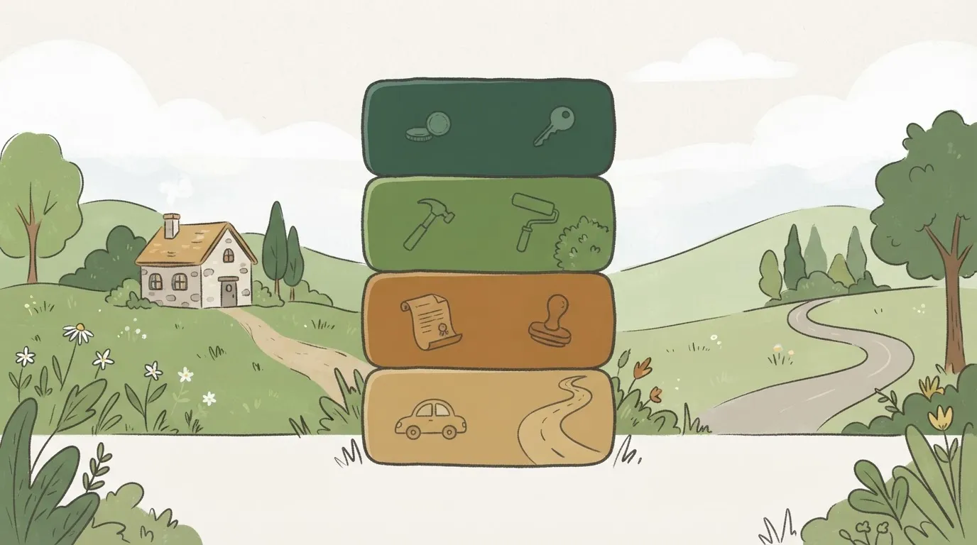 Ilustração de blocos empilhados representando os componentes de custo de uma casa de campo