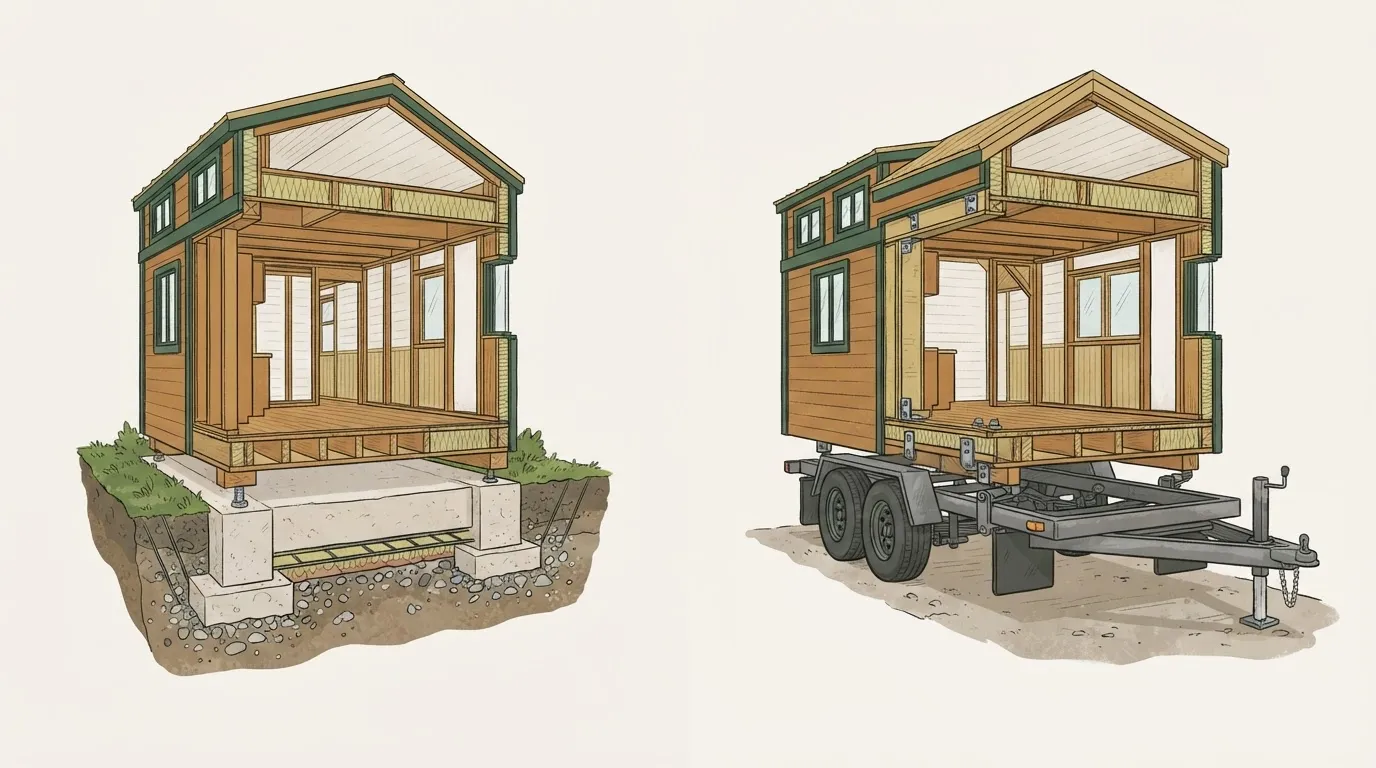 Ilustração em corte técnico comparando a fundação de uma tiny house fixa e o chassi com rodas de uma tiny house móvel