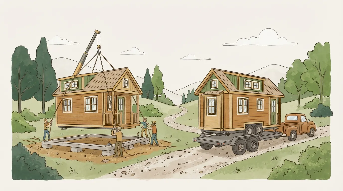 Ilustração de duas tiny houses, uma sendo assentada sobre fundação e outra sendo rebocada sobre rodas