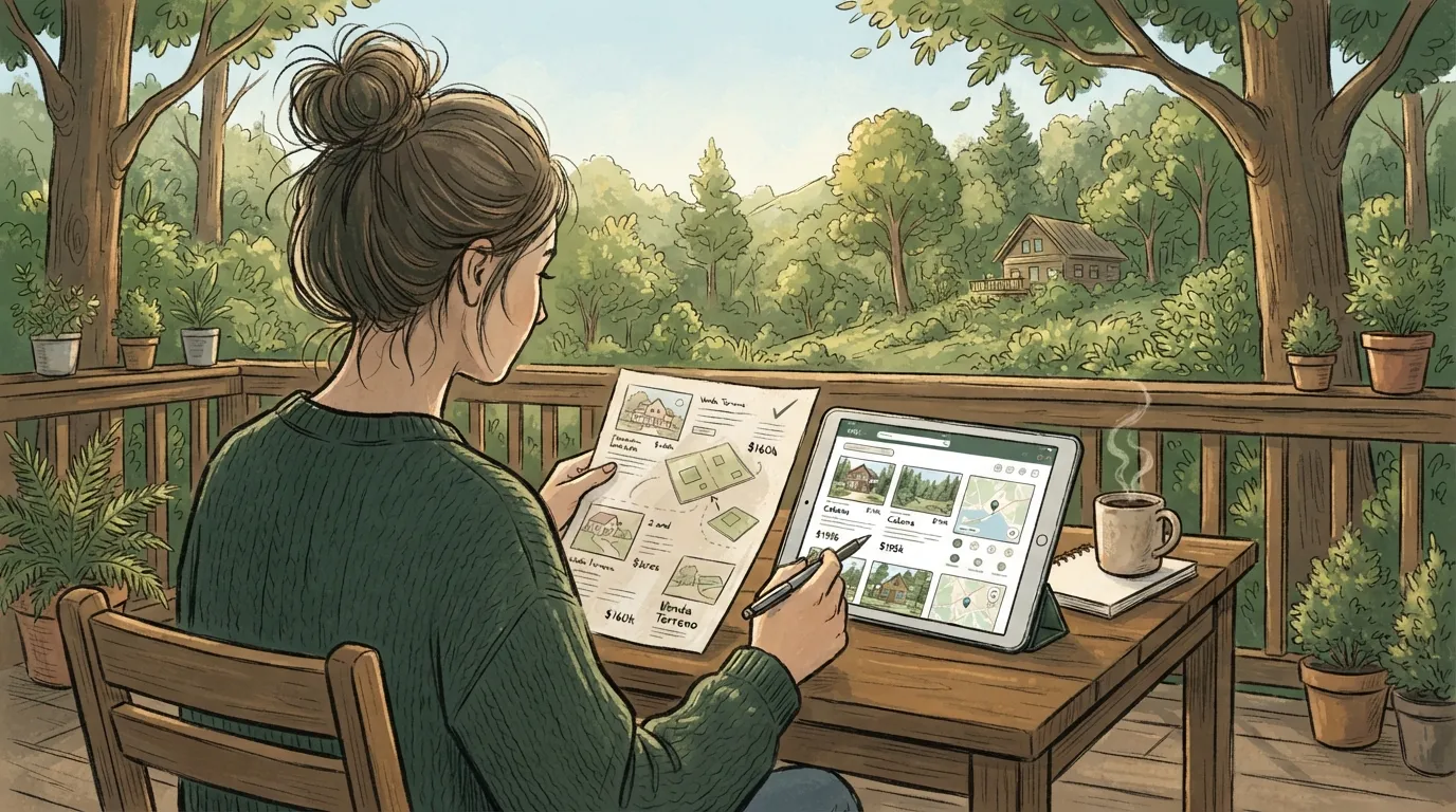 Pessoa comparando anúncios de venda de terrenos com cabana em tablet e papel, com um terreno arborizado ao fundo