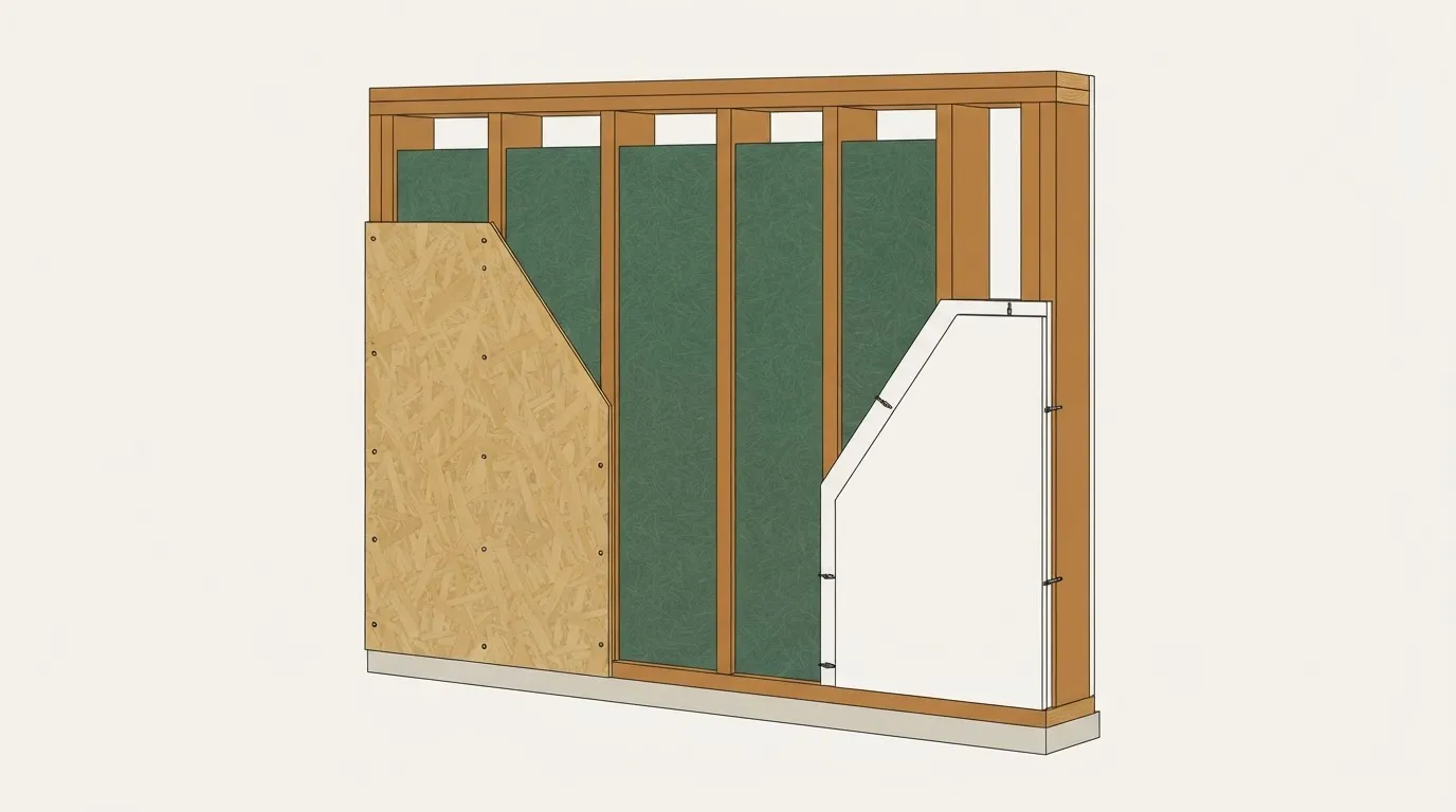 Ilustração técnica em corte de uma parede de wood frame mostrando montantes, placa OSB e isolamento