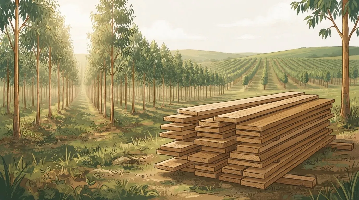 Ilustração de uma plantação de eucalipto com pilha de tábuas de madeira serrada em primeiro plano
