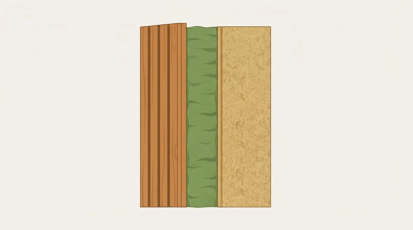 Corte técnico de uma parede de wood frame mostrando montante, manta isolante e chapa de fechamento